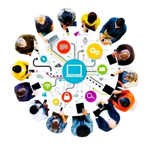 Overhead illustration of a team seated around a round table, connected by icons for messaging, security, search, settings and cloud storage.