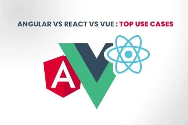 Overlapping Angular, Vue and React logos under the heading Angular vs React vs Vue, top use cases.