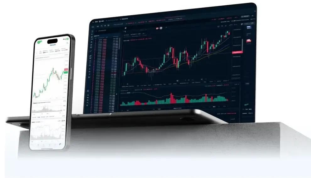 Cryptocurrency exchange interface shown on a laptop and a phone, with candlestick price charts, an order book and volume bars.