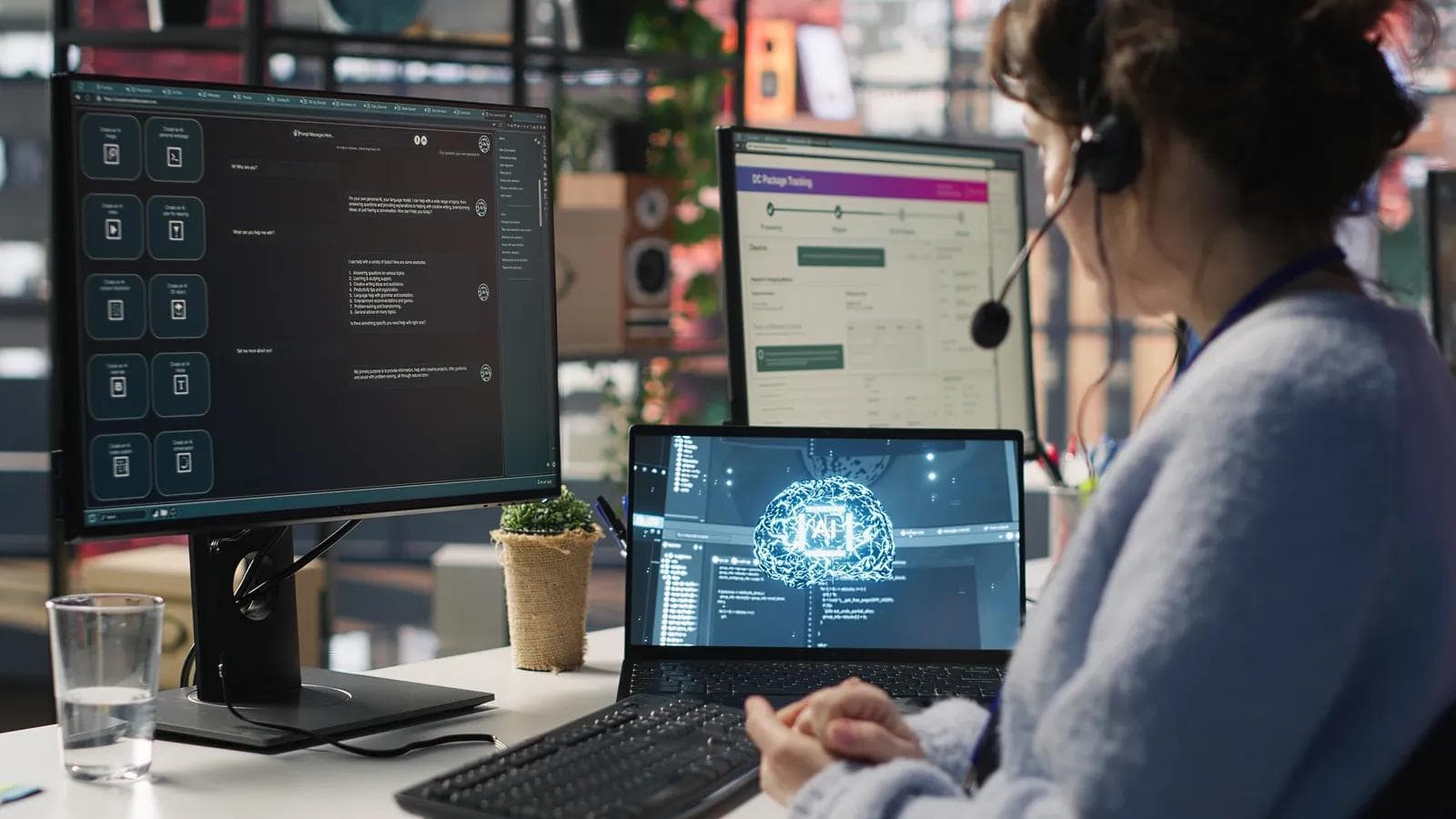 Software tester wearing a headset at a desk, with two monitors showing test dashboards and a laptop displaying an AI brain graphic.