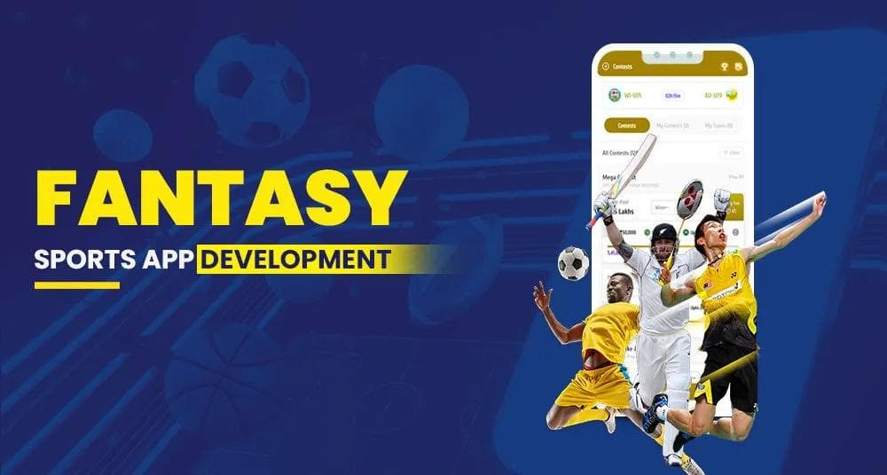Fantasy sports app development banner showing cricket and football players leaping beside a phone that displays a contest lobby.