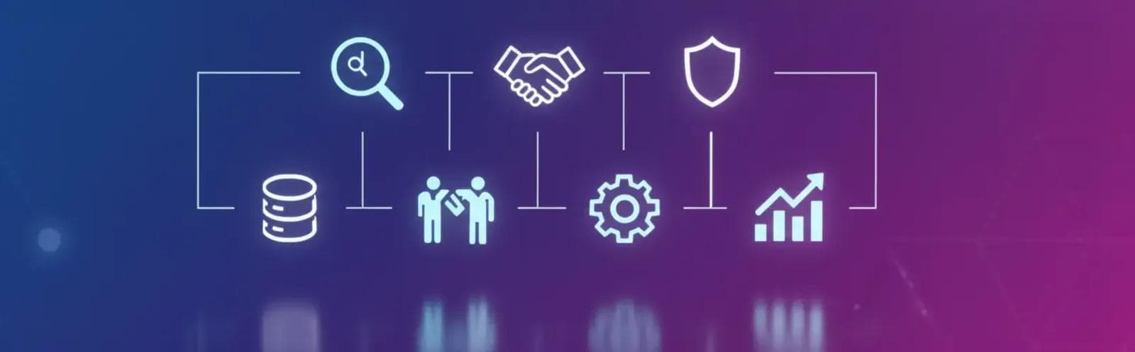 Row of linked outline icons on a blue and purple gradient, representing search, partnership, security, data storage, teams, configuration and growth.